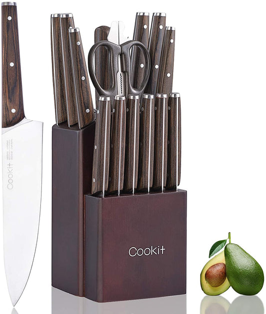 15 Piece Knife Sets with Block for Kitchen Chef Knife Stainless Steel Knives Set Serrated Steak Knives with Manual Sharpener Knife